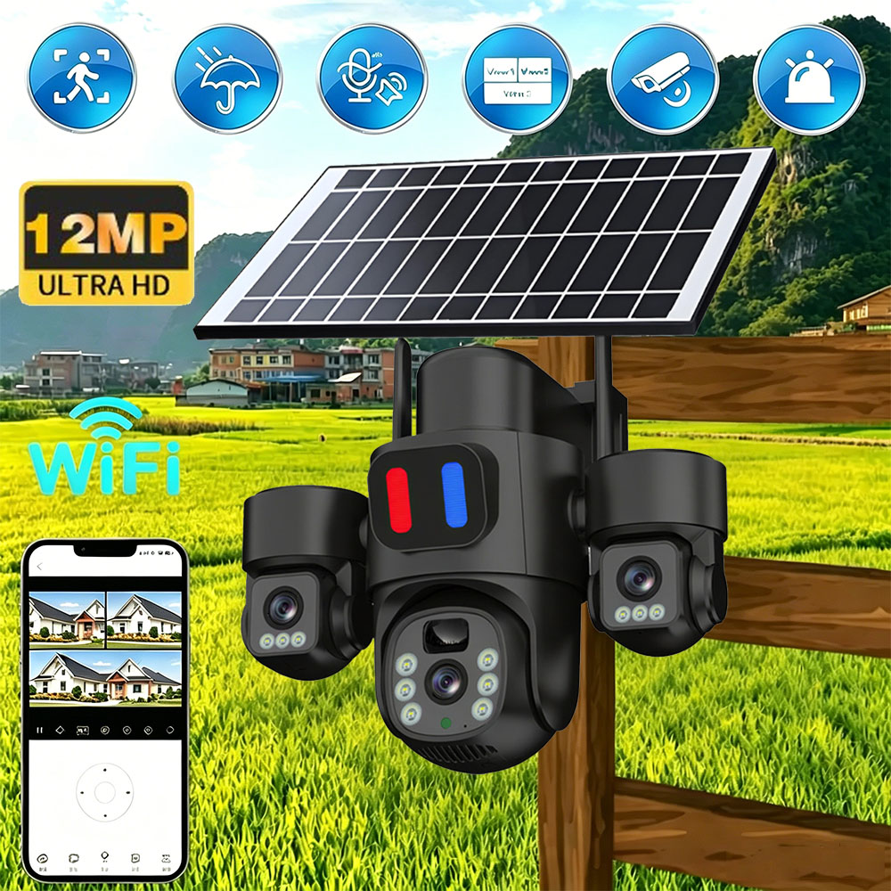 Home Security And Cctv - Solar-WLAN-PTZ-Kamera für Außenbereich mit Dreifach-Objektiv, Drei